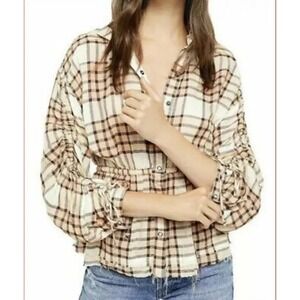 Free People Plaid Cinched Waist Blouse Ruched Sleeve Top‎ Boho Chic Size XS